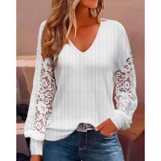 Lace Patch Lantern Sleeve Cable Textured Blouse - white