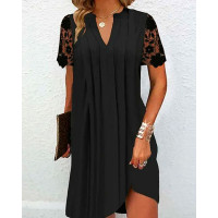 Lace Patch Notch Neck Ruched Casual Dress - black