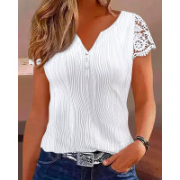 Lace Patch Notch Neck Textured Top - white