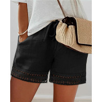 Lace Patch Pocket Design Drawstring Shorts - black