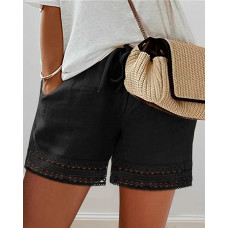 Lace Patch Pocket Design Drawstring Shorts - black