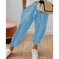 Lace Patch Pocket Tassel Design Pants - blue