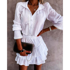 Lace Patch Puff Sleeve Shirt & Ruffles Skirt Set - white