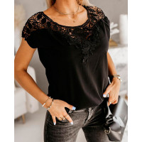 Lace Patch Round Neck Short Sleeve Top - black