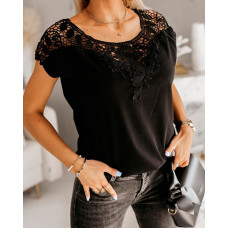 Lace Patch Round Neck Short Sleeve Top - black