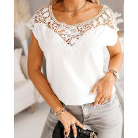 Lace Patch Round Neck Short Sleeve Top - white