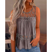 Lace Patch Round Neck Tank Top - gray