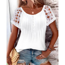 Lace Patch Ruched Buttoned Casual T-shirt - white