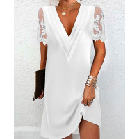 Lace Patch Ruched Casual Dress - white