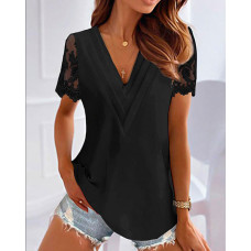 Lace Patch Ruched V-Neck Top - black