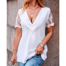 Lace Patch Ruched V-Neck Top - white