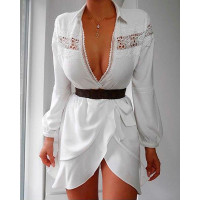 Lace Patch Ruffles Shirt Dress Without Belt - white