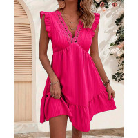 Lace Patch Ruffles Textured Casual Dress - hot pink