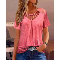 Lace Patch Short Sleeve Ruched Hollow Out Top - pink