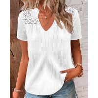 Lace Patch Short Sleeve Textured Top - white