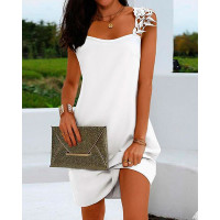 Lace Patch Sleeveless Casual Dress - white