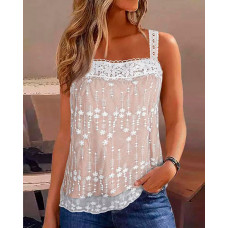 Lace Patch Square Neck Tank Top - white