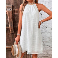 Lace Patch Swiss Dot Casual Dress - white