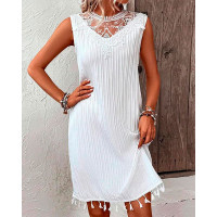 Lace Patch Tassel Design Textured Midi Dress - white