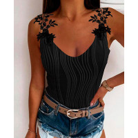 Lace Patch Textured Tank Top - black