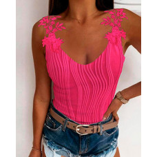 Lace Patch Textured Tank Top - hot pink