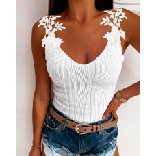 Lace Patch Textured Tank Top - white