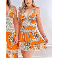 Lace Patch Tied Detail Floral Print Dress - orange