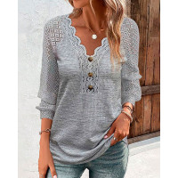 Lace Patch V-Neck Buttoned Top - gray