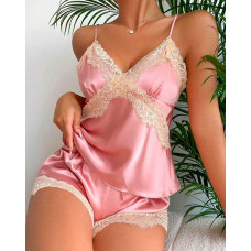 Lace Patch V-Neck Satin Cami Set - pink