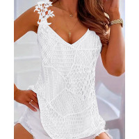 Lace Patch V-Neck Sleeveless Tank Top - white