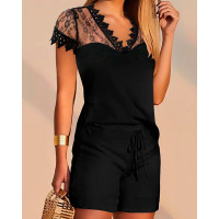 Lace Patch V-Neck Top & Shorts Set - black