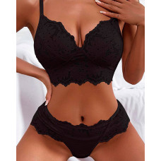 Lace Scallop Trim Lingerie Set - black