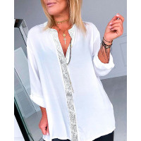 Lace Sequin Patch Long Sleeve Top - white