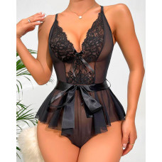 Lace Sheer Mesh Patchwork Crisscross Backless Teddy - black