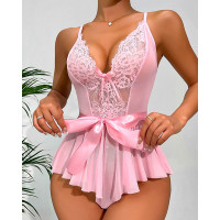 Lace Sheer Mesh Patchwork Crisscross Backless Teddy - pink