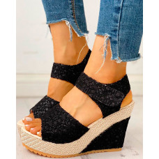 Lace Spliced Peep Toe Platform Wedge Sandals - black