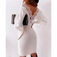 Lace Trim Backless Lantern Sleeve Ribbed Sweater Dress - white