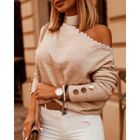 Lace Trim Cold Shoulder Long Sleeve Top - khaki