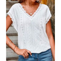 Lace Trim Eyelet Embroidery V-Neck Blouse - white