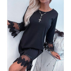 Lace Trim Flare Sleeve Contrast Sequin Casual Dress - black