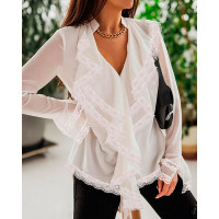 Lace Trim Ruffles Bell Sleeve Top - white