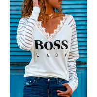 Lace Trim Sheer Mesh Letter Print Top - white