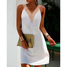 Lace Trim Sleeveless Casual Dress - white