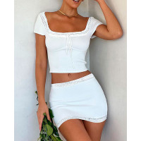 Lace Trim Tied Detail Top & Skirt Set - white