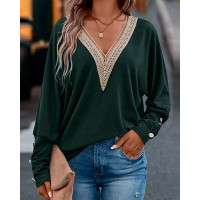 Lace Trim V-Neck Long Sleeve Top - dark green