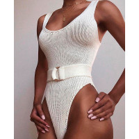 Lace-up Back Sleeveless Round Neck Bodysuit - beige