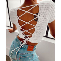 Lace Up Backless Crop Knit Top - white