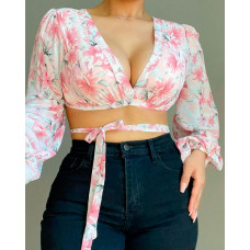 Lace-up Backless Floral Print Lantern Sleeve Top - pink