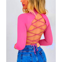 Lace-up Backless Long Sleeve Top - pink