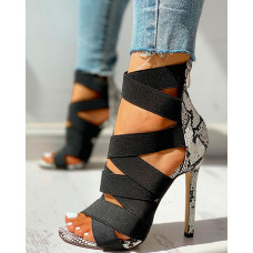 Lace-Up Bandage Patchwork Snakeskin Thin Heeled Sandals - black